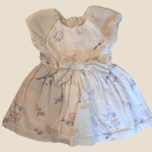 Lapin House  Floral Bird Toile Dress Set Faux Fur Sleeves 3A/3T